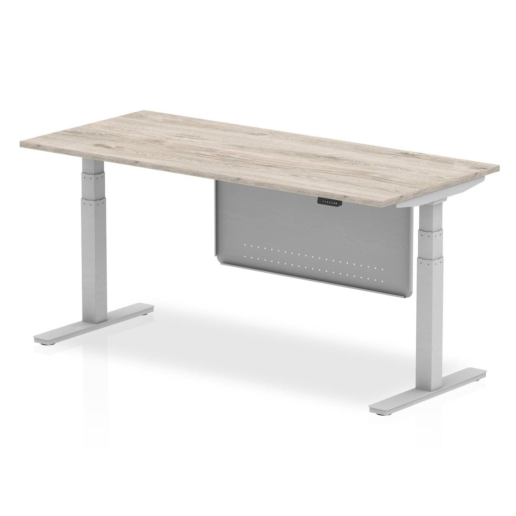 Air Modesty 800mm Height Adjustable Office Desk Grey Oak Top Silver Leg With Silver Steel Modesty Panel - Price Crash Furniture