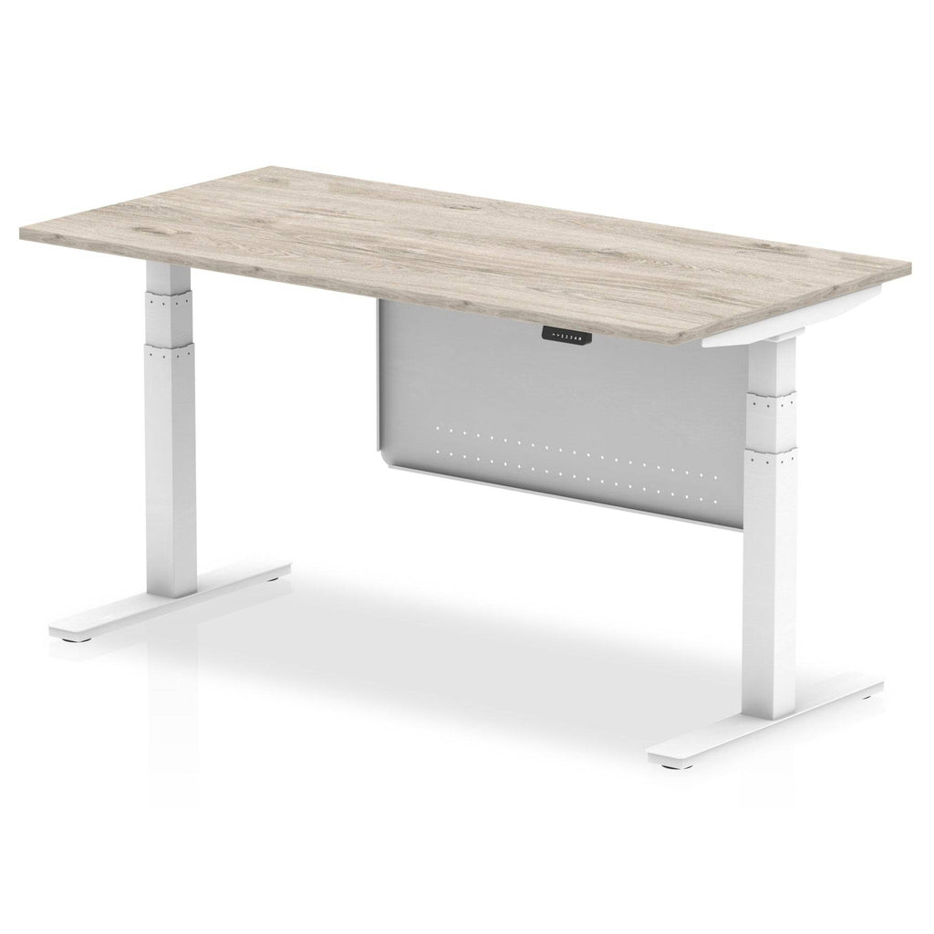 Air Modesty 800mm Height Adjustable Office Desk Grey Oak Top White Leg With White Steel Modesty Panel - Price Crash Furniture