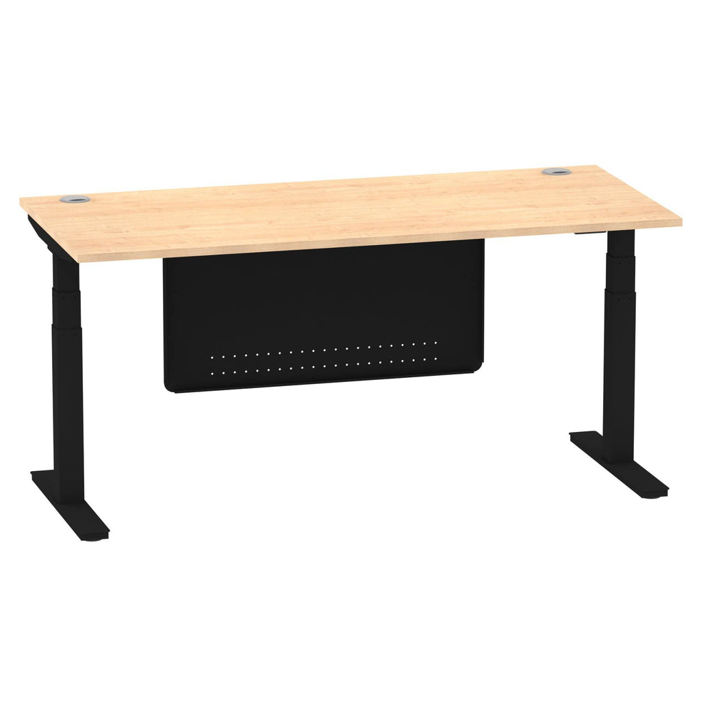 Air Modesty 800mm Height Adjustable Office Desk Maple Top Cable Ports Black Leg With Black Steel Modesty Panel - Price Crash Furniture
