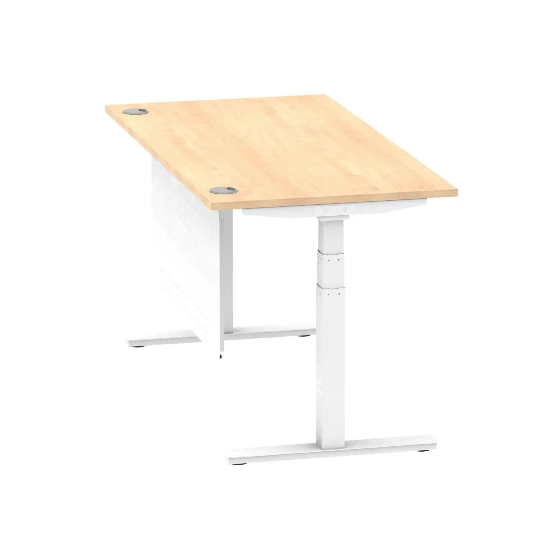 Air Modesty 800mm Height Adjustable Office Desk Maple Top Cable Ports White Leg With White Steel Modesty Panel - Price Crash Furniture