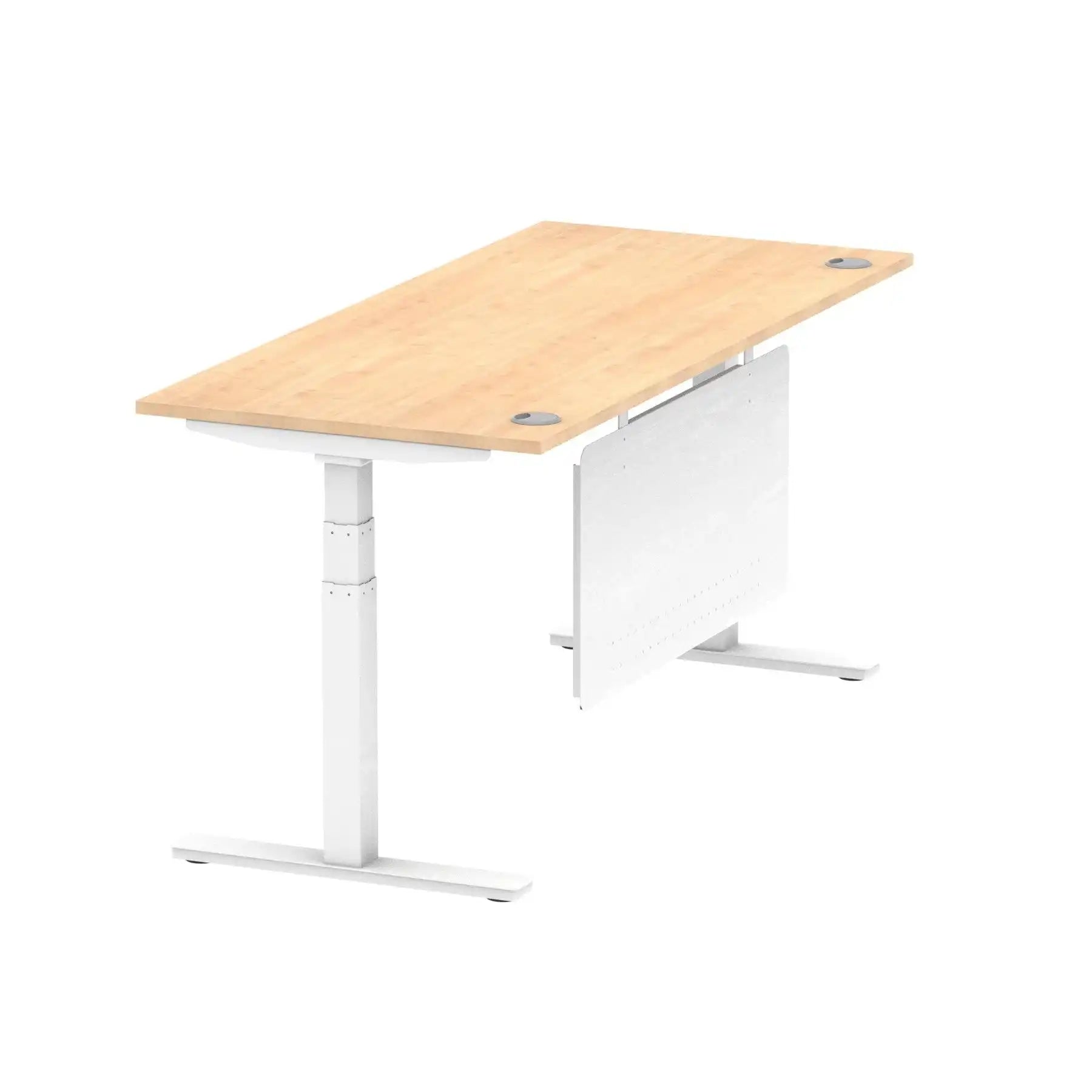 Air Modesty 800mm Height Adjustable Office Desk Maple Top Cable Ports White Leg With White Steel Modesty Panel - Price Crash Furniture