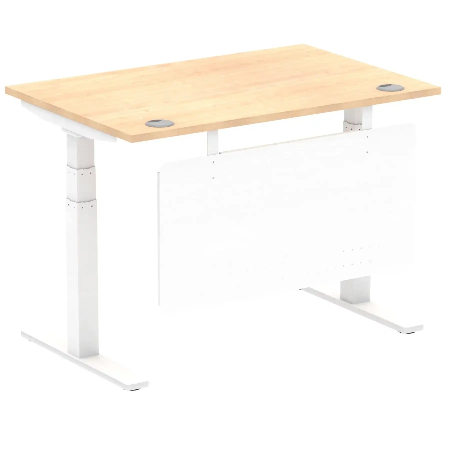 Air Modesty 800mm Height Adjustable Office Desk Maple Top Cable Ports White Leg With White Steel Modesty Panel - Price Crash Furniture