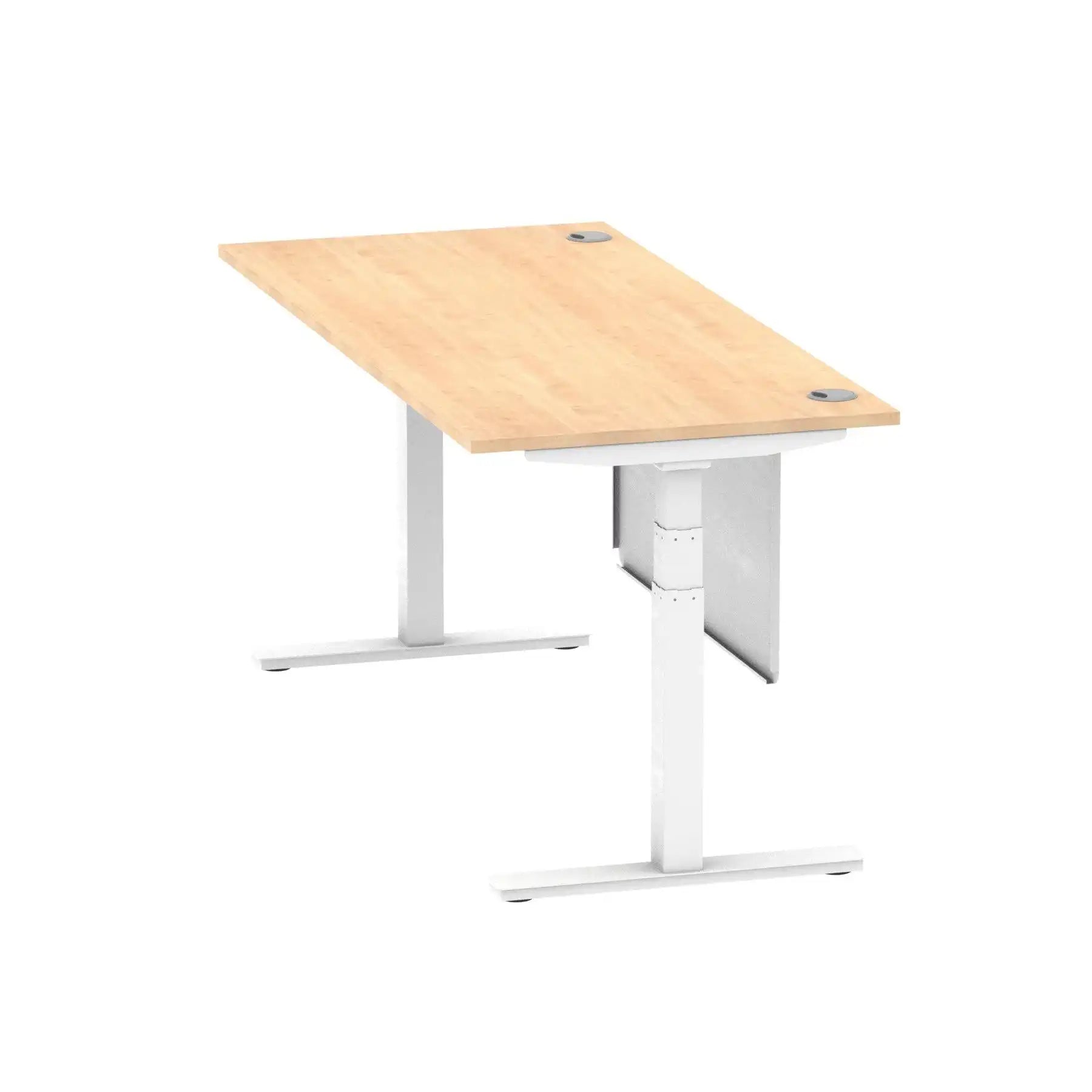 Air Modesty 800mm Height Adjustable Office Desk Maple Top Cable Ports White Leg With White Steel Modesty Panel - Price Crash Furniture