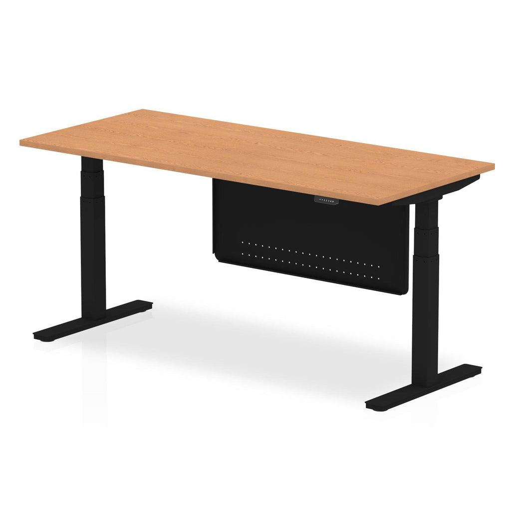 Air Modesty 800mm Height Adjustable Office Desk Oak Top Black Leg With Black Steel Modesty Panel - Price Crash Furniture