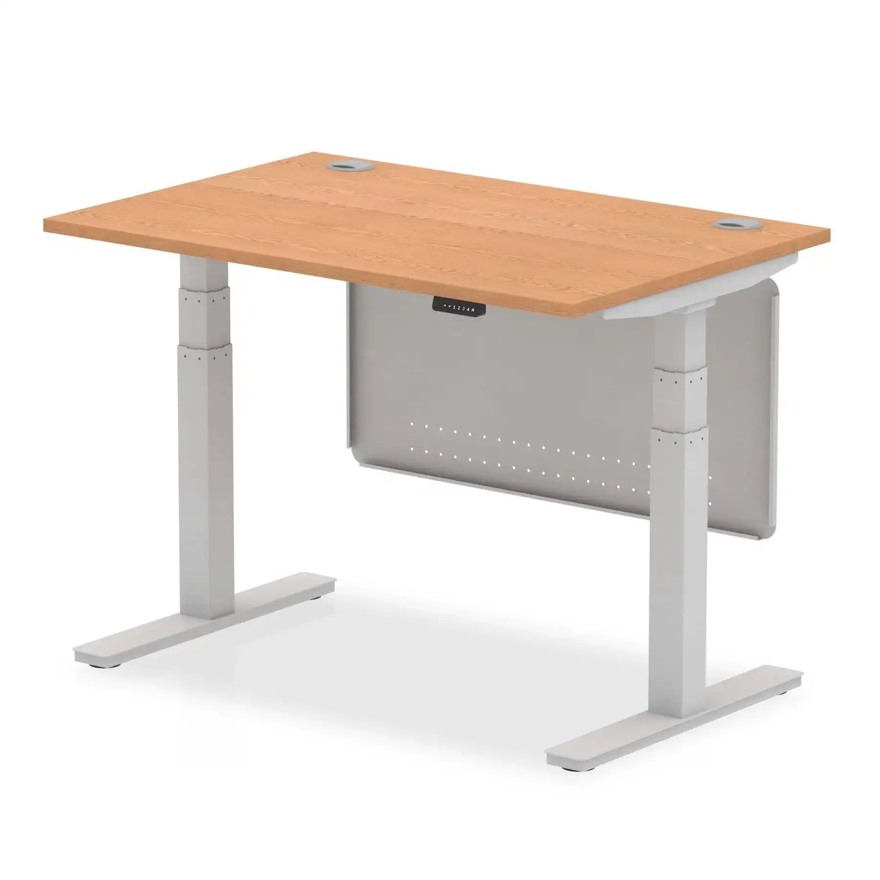 Air Modesty 800mm Height Adjustable Office Desk Oak Top Cable Ports Silver Leg With Silver Steel Modesty Panel - Price Crash Furniture