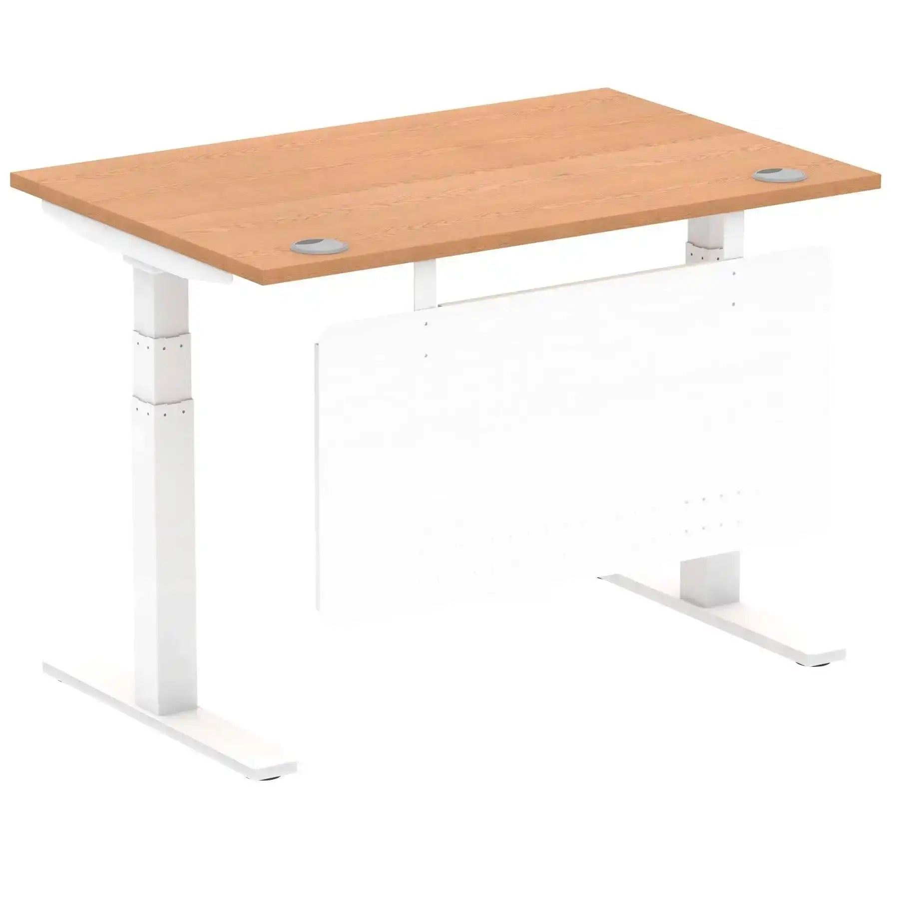 Air Modesty 800mm Height Adjustable Office Desk Oak Top Cable Ports White Leg With White Steel Modesty Panel - Price Crash Furniture