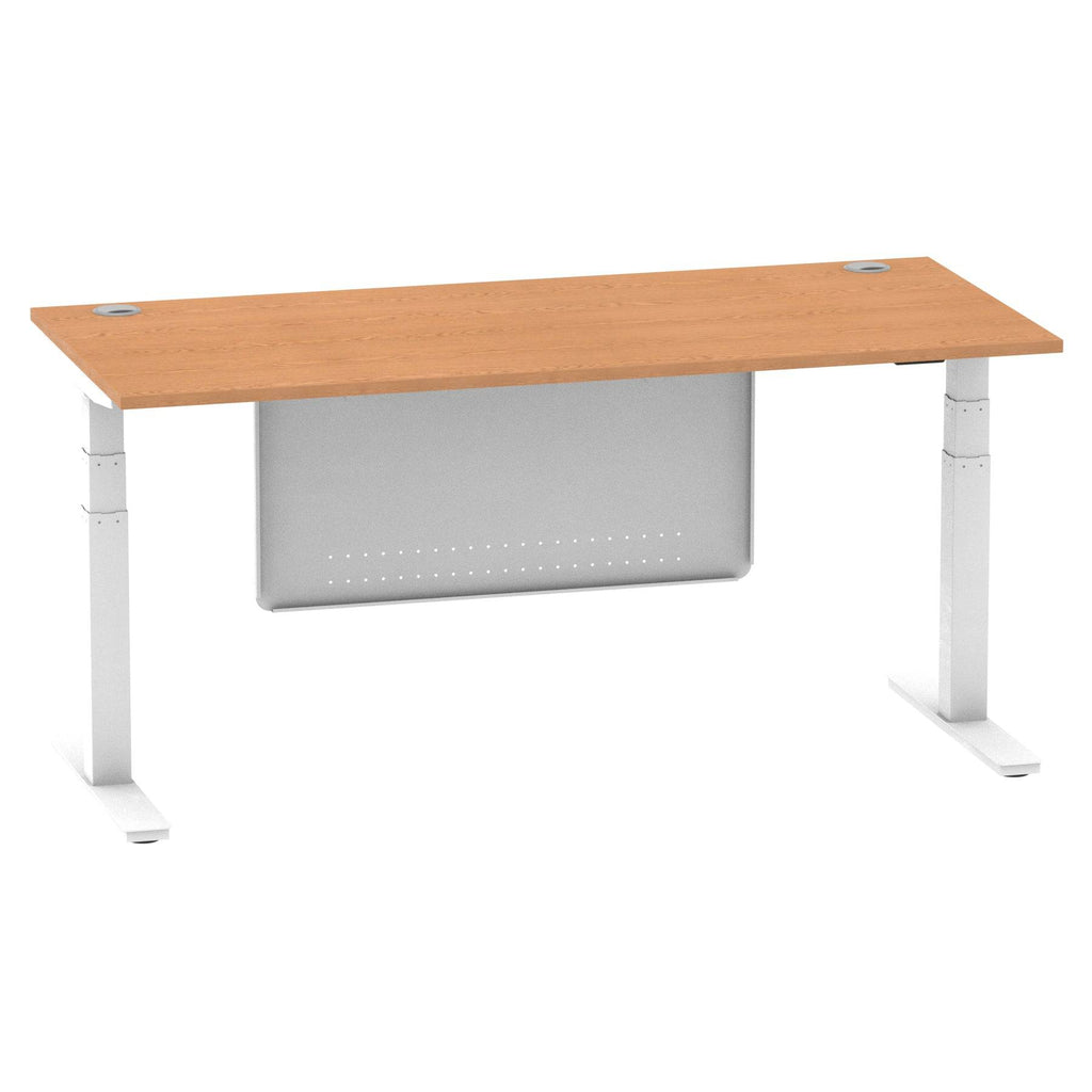 Air Modesty 800mm Height Adjustable Office Desk Oak Top Cable Ports White Leg With White Steel Modesty Panel - Price Crash Furniture