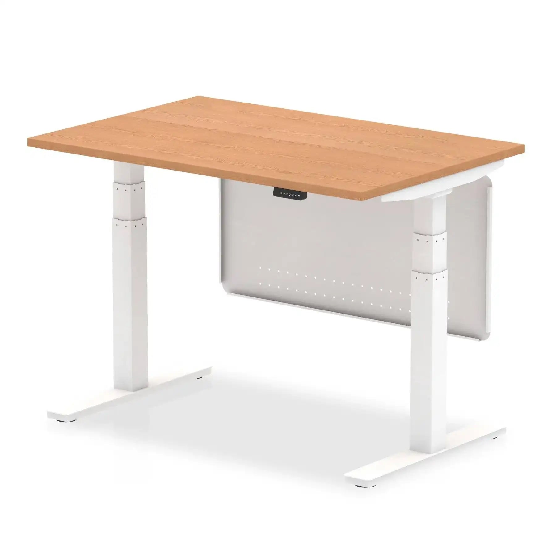 Air Modesty 800mm Height Adjustable Office Desk Oak Top White Leg With White Steel Modesty Panel - Price Crash Furniture