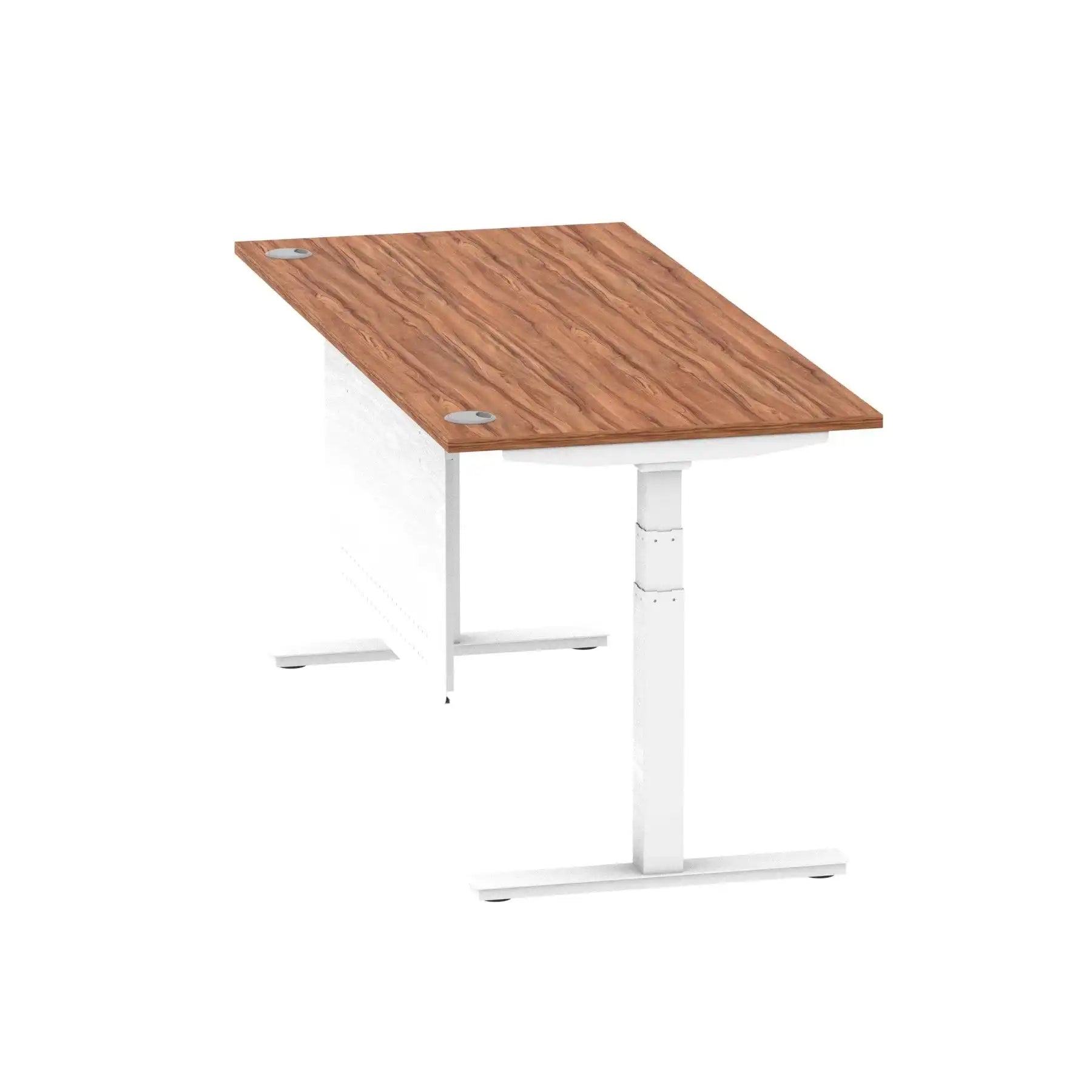 Air Modesty 800mm Height Adjustable Office Desk Walnut Top Cable Ports White Leg With White Steel Modesty Panel - Price Crash Furniture