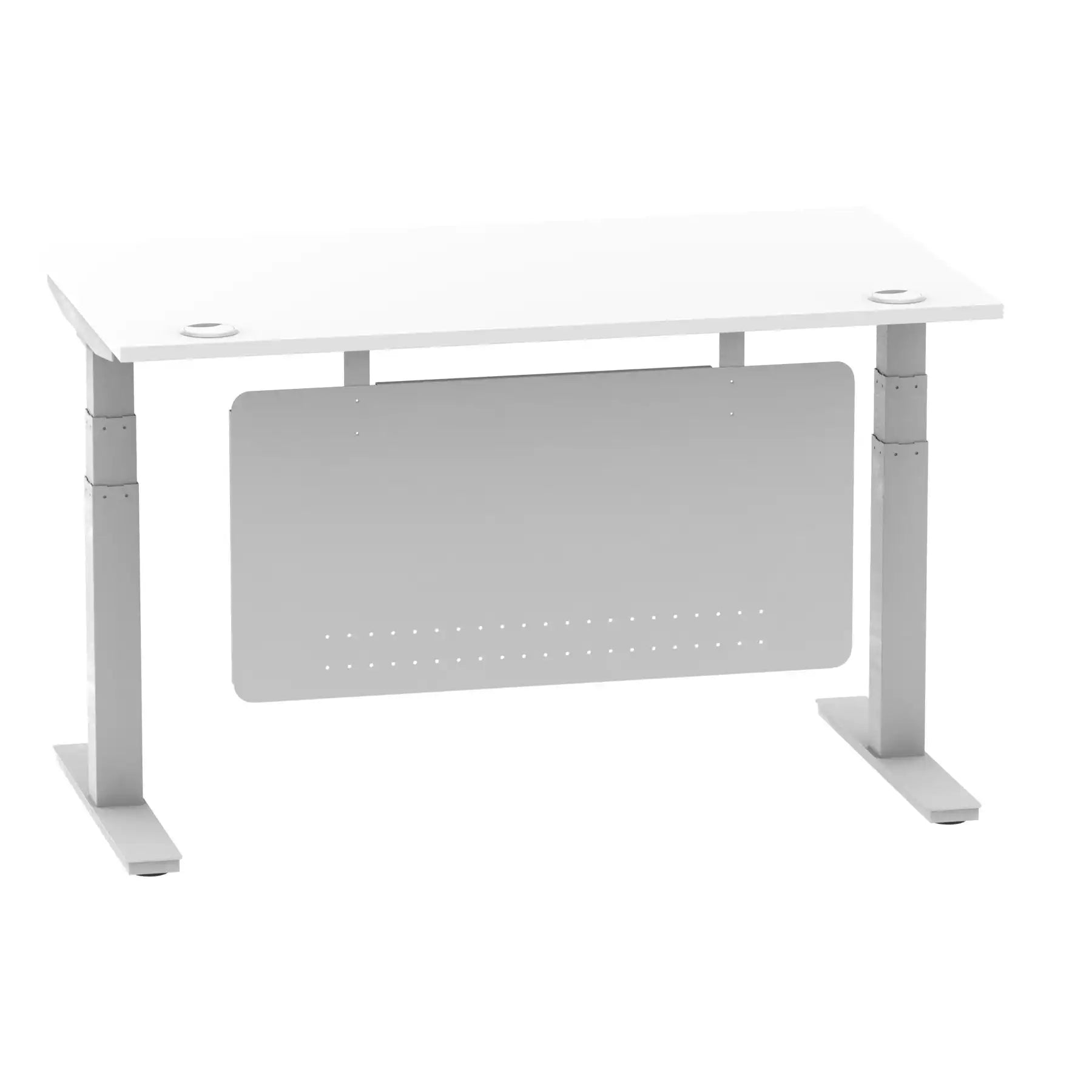Air Modesty 800mm Height Adjustable Office Desk White Top Cable Ports Silver Leg With Silver Steel Modesty Panel - Price Crash Furniture