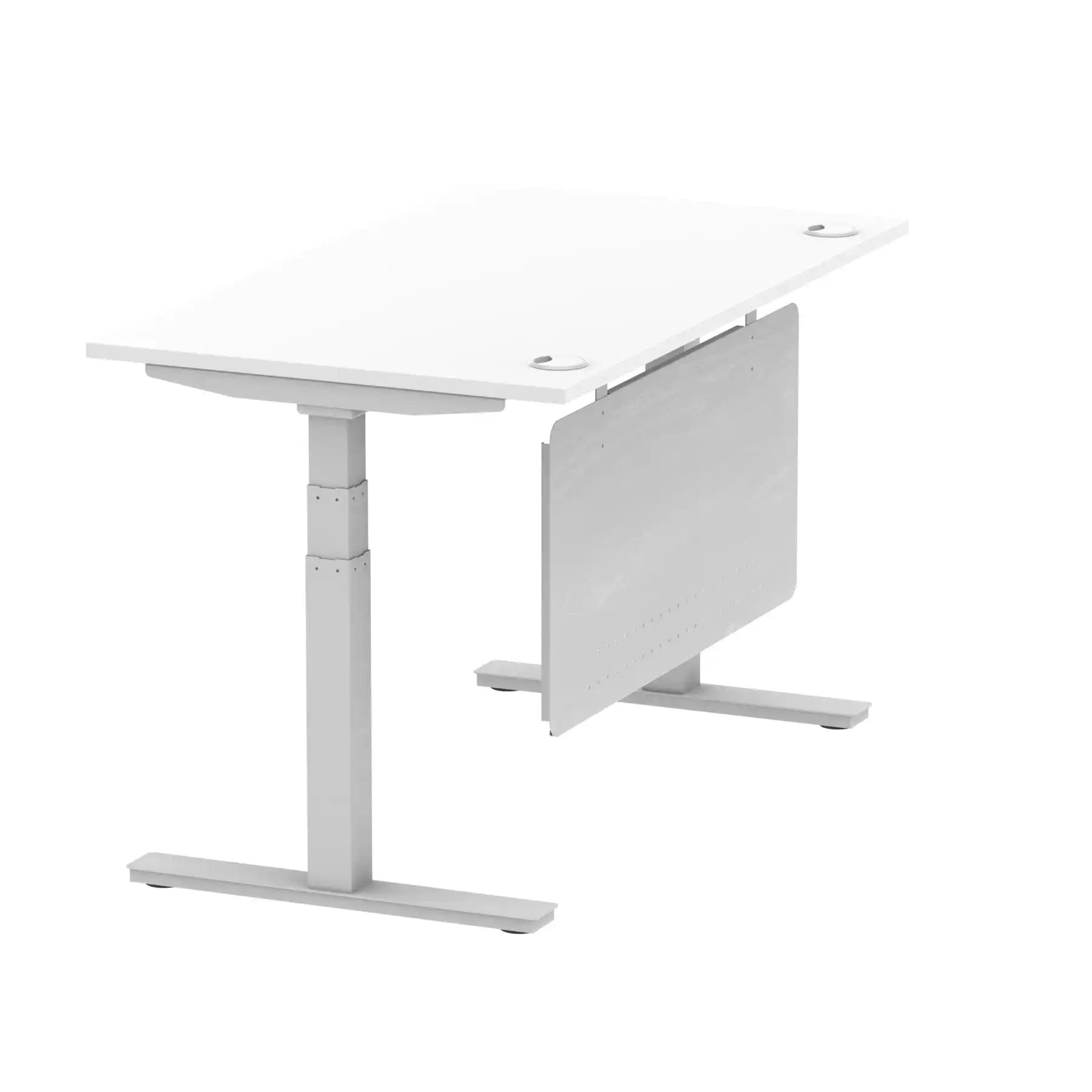 Air Modesty 800mm Height Adjustable Office Desk White Top Cable Ports Silver Leg With Silver Steel Modesty Panel - Price Crash Furniture