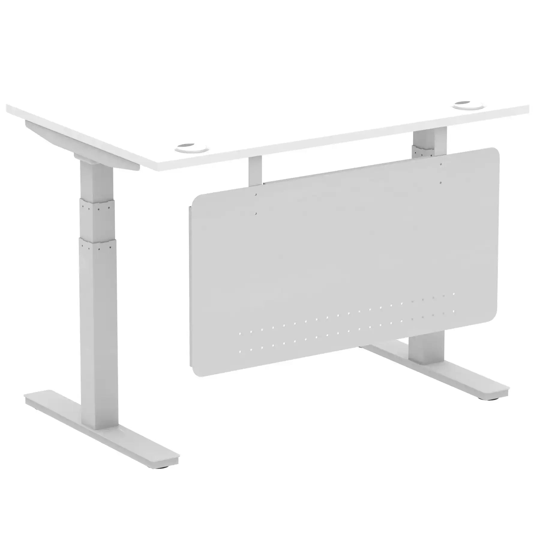 Air Modesty 800mm Height Adjustable Office Desk White Top Cable Ports Silver Leg With Silver Steel Modesty Panel - Price Crash Furniture