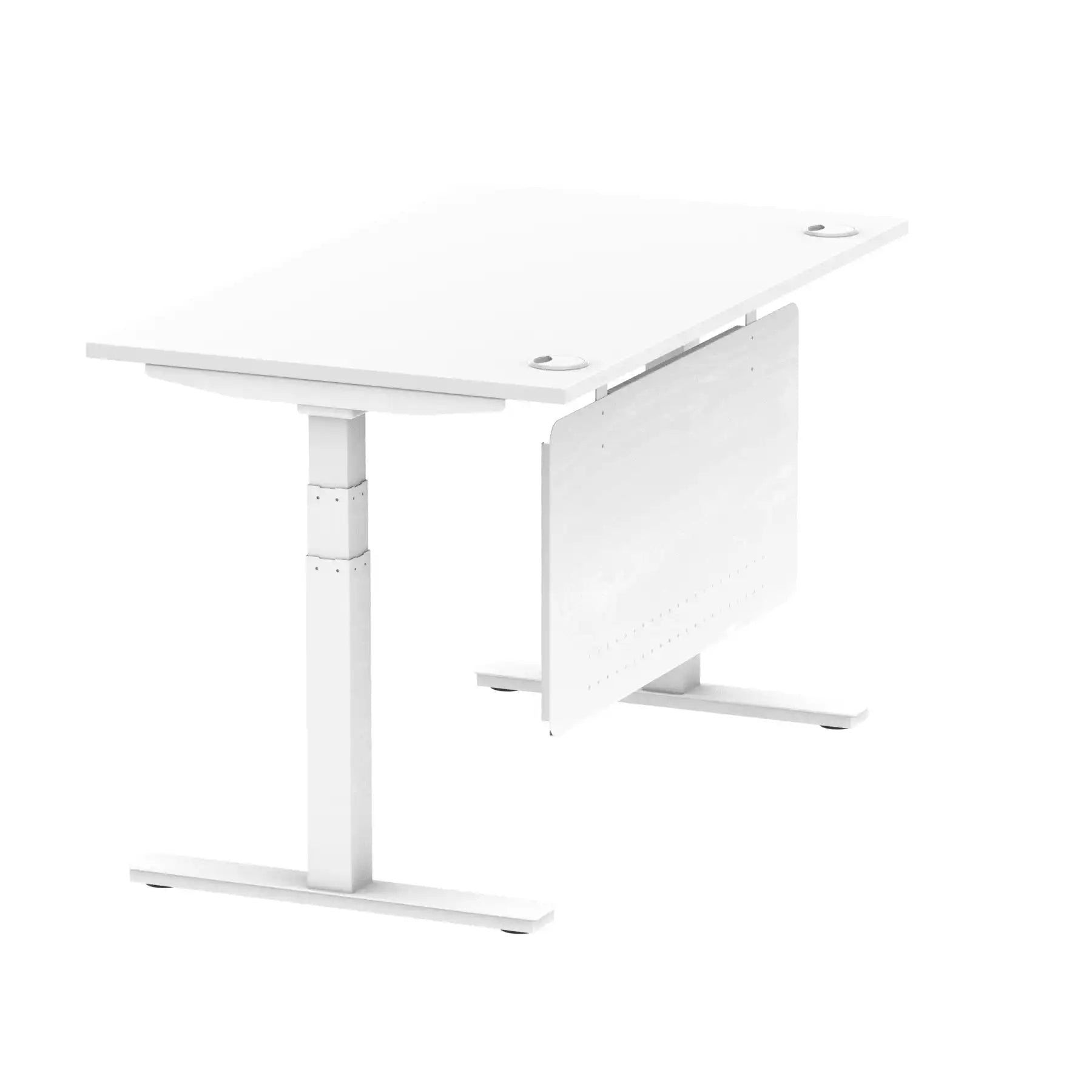 Air Modesty 800mm Height Adjustable Office Desk White Top Cable Ports White Leg With White Steel Modesty Panel - Price Crash Furniture