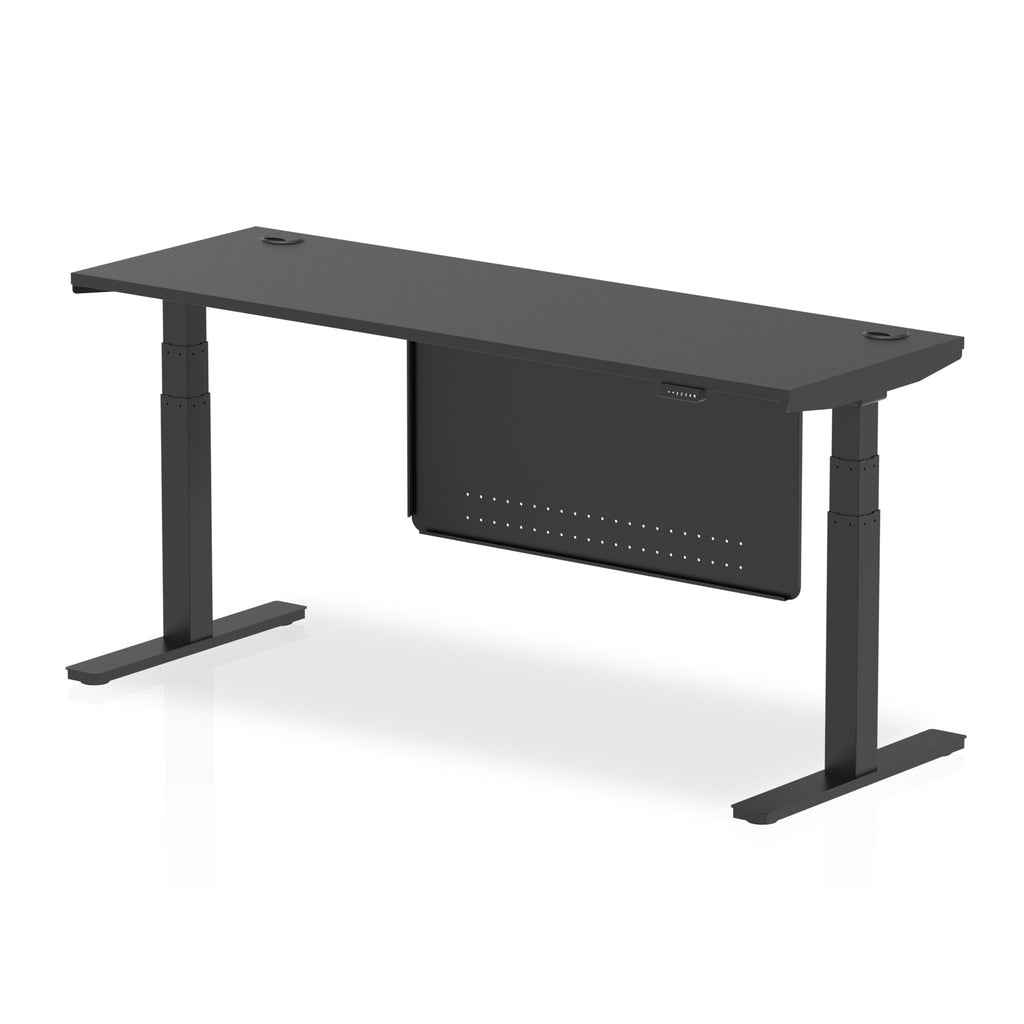 Air Modesty Black Series 600mm Height Adjustable Office Desk Black Top with Cable Ports Black Leg With Black Steel Modesty Panel - Price Crash Furniture