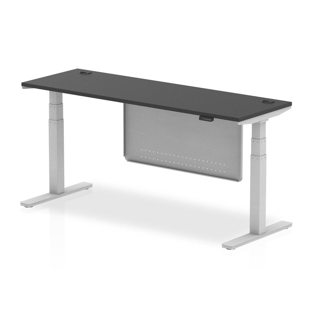Air Modesty Black Series 600mm Height Adjustable Office Desk Black Top with Cable Ports Silver Leg With Silver Steel Modesty Panel - Price Crash Furniture