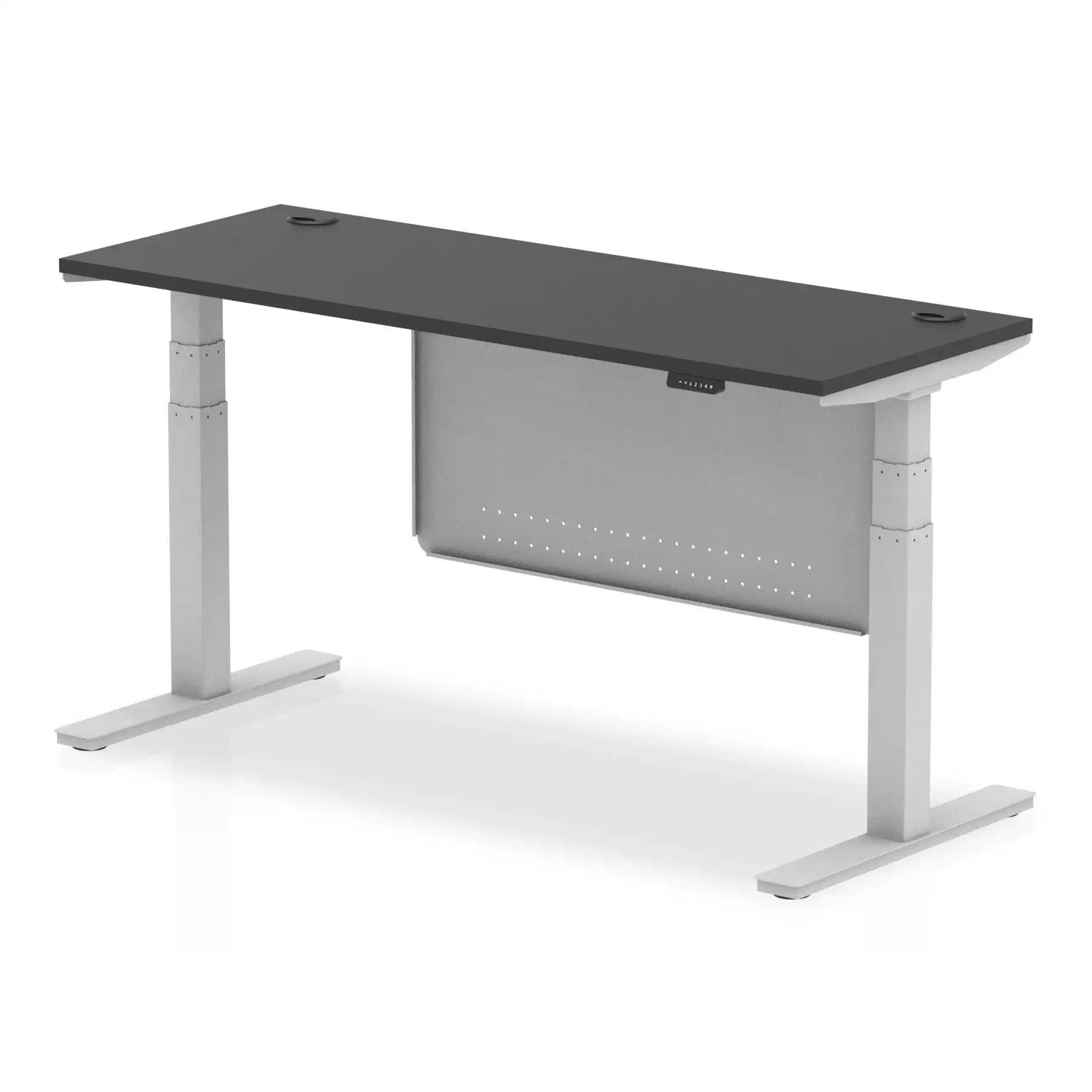 Air Modesty Black Series 600mm Height Adjustable Office Desk Black Top with Cable Ports Silver Leg With Silver Steel Modesty Panel - Price Crash Furniture