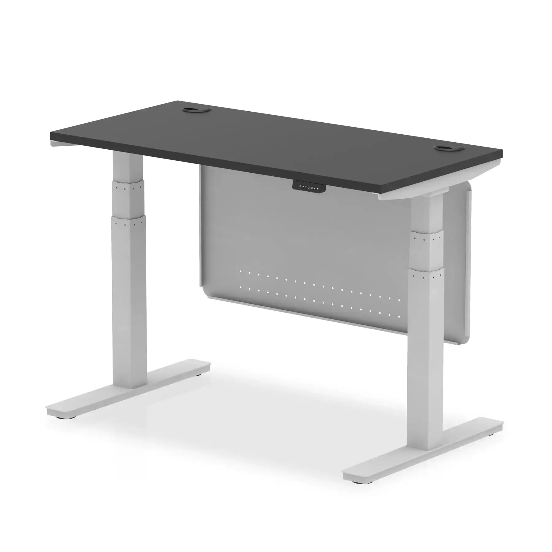 Air Modesty Black Series 600mm Height Adjustable Office Desk Black Top with Cable Ports Silver Leg With Silver Steel Modesty Panel - Price Crash Furniture