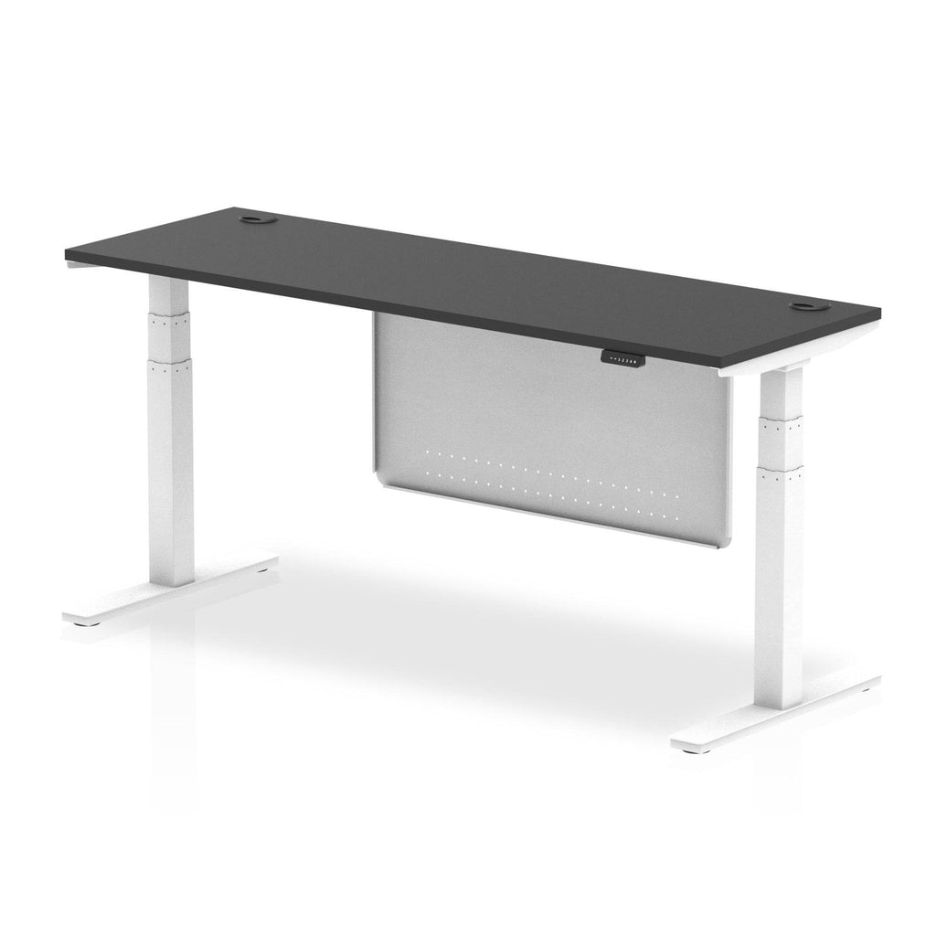 Air Modesty Black Series 600mm Height Adjustable Office Desk Black Top with Cable Ports White Leg With White Steel Modesty Panel - Price Crash Furniture