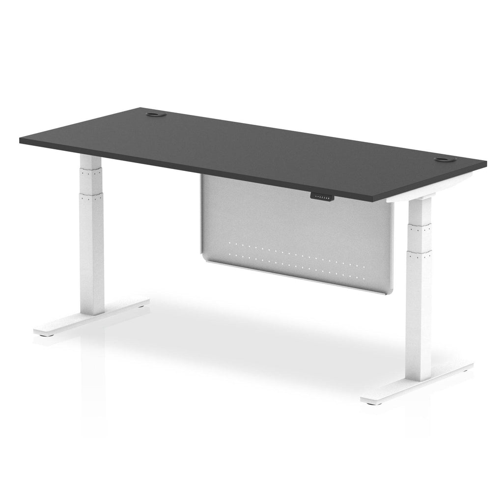 Air Modesty Black Series 800mm Height Adjustable Office Desk Black Top with Cable Ports White Leg With White Steel Modesty Panel - Price Crash Furniture