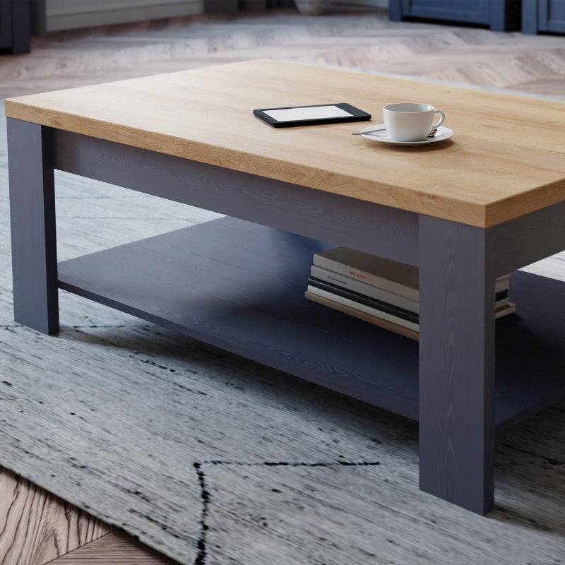 Bohol Storage Coffee Table with Shelf In Riviera Oak and Navy - Price Crash Furniture