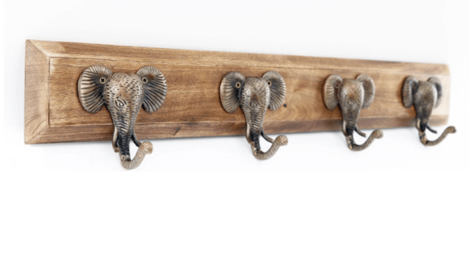 Four Gold Elephant Design Hooks on Wooden Base - Price Crash Furniture