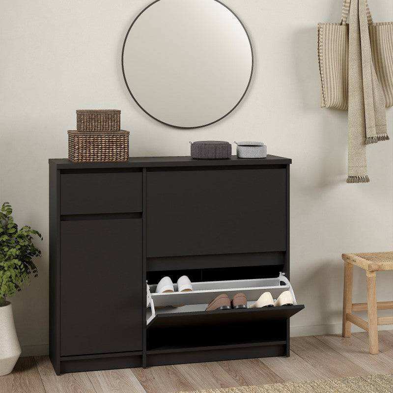 Naia Shoe Cabinet with 2 Shoe Compartments, 1 Door and 1 Drawer in Black Matt - Price Crash Furniture