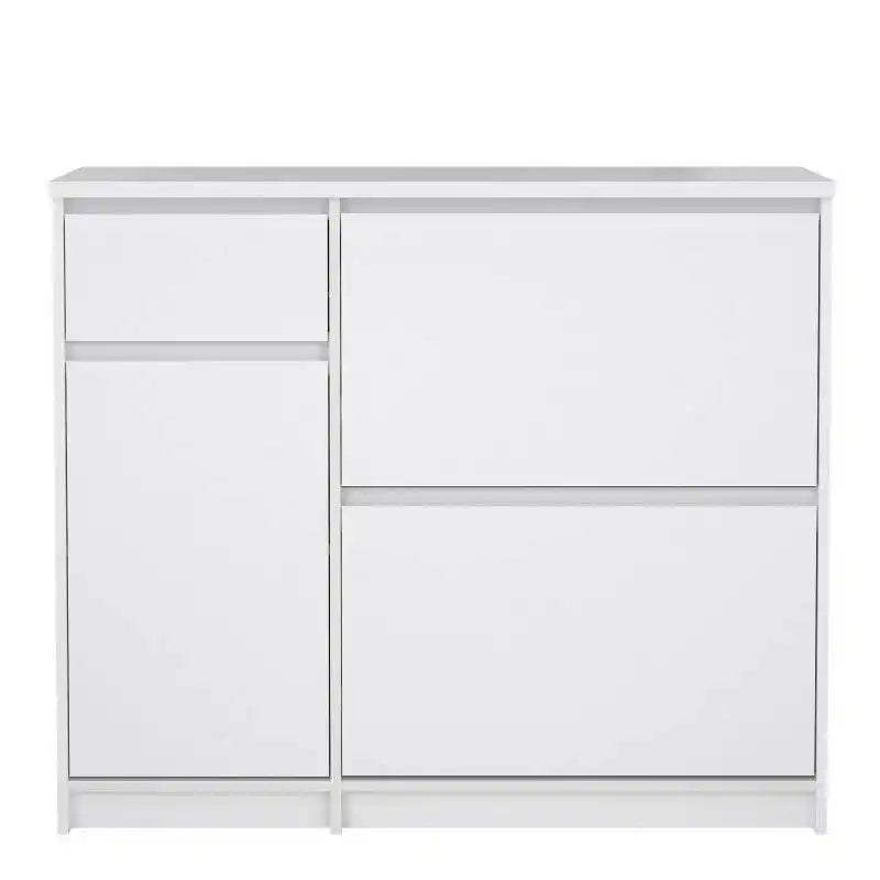 Naia Shoe Cabinet with 2 Shoe Compartments, 1 Door and 1 Drawer in White High Gloss - Price Crash Furniture
