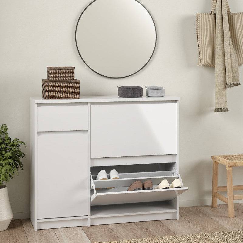 Naia Shoe Cabinet with 2 Shoe Compartments, 1 Door and 1 Drawer in White High Gloss - Price Crash Furniture