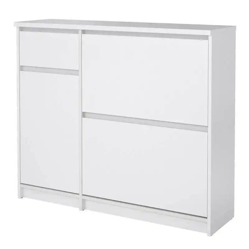 Naia Shoe Cabinet with 2 Shoe Compartments, 1 Door and 1 Drawer in White High Gloss - Price Crash Furniture