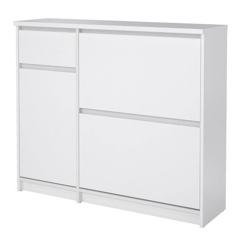 Naia Shoe Cabinet with 2 Shoe Compartments, 1 Door and 1 Drawer in White High Gloss - Price Crash Furniture