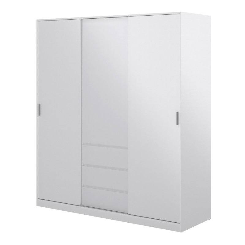 Naia Wardrobe with 2 sliding doors + 1 door + 3 drawers in White High Gloss - Price Crash Furniture