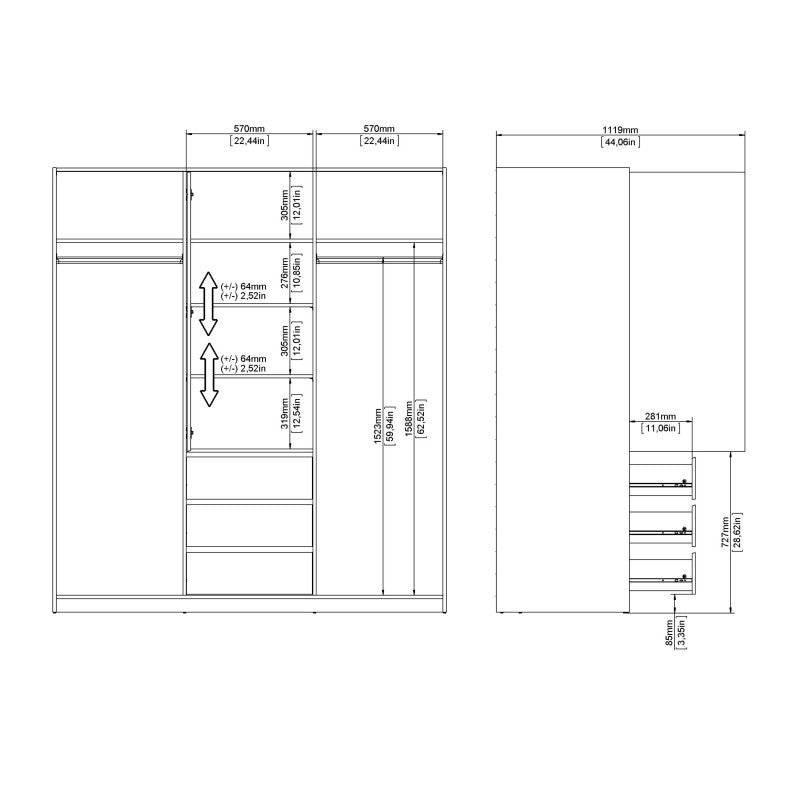 Naia Wardrobe with 2 sliding doors + 1 door + 3 drawers in White High Gloss - Price Crash Furniture