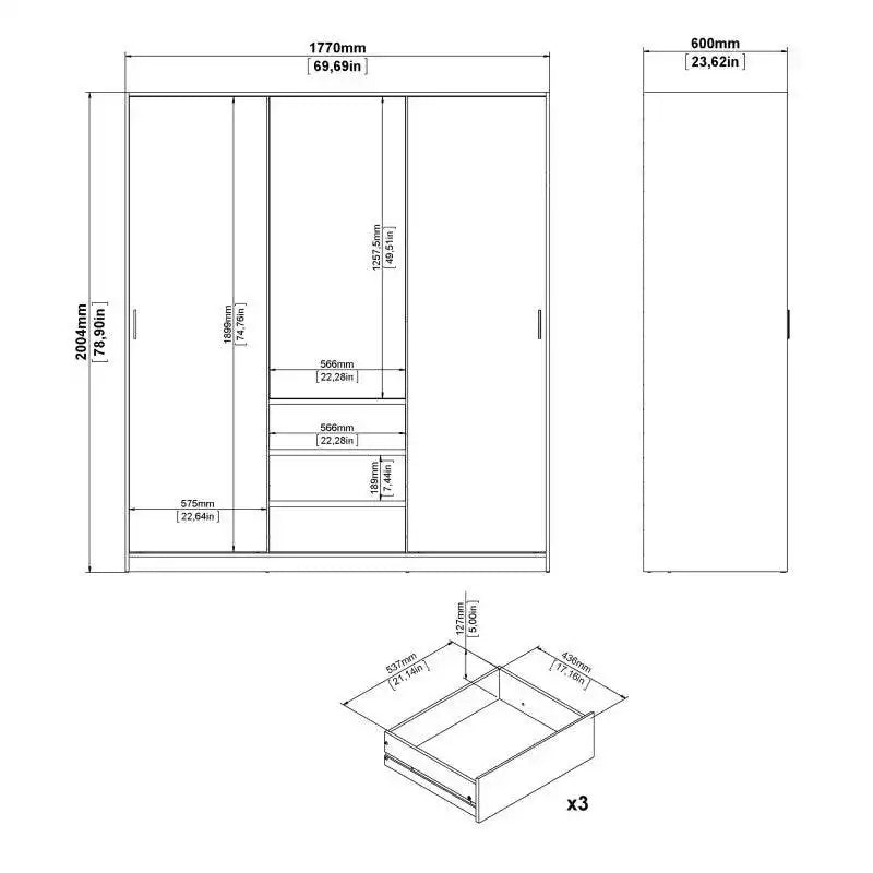 Naia Wardrobe with 2 sliding doors + 1 door + 3 drawers in White High Gloss - Price Crash Furniture