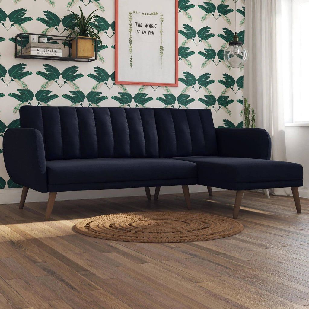 NOVOGRATZ Brittany Sectional Futon Sofa Linen Navy Blue - Price Crash Furniture