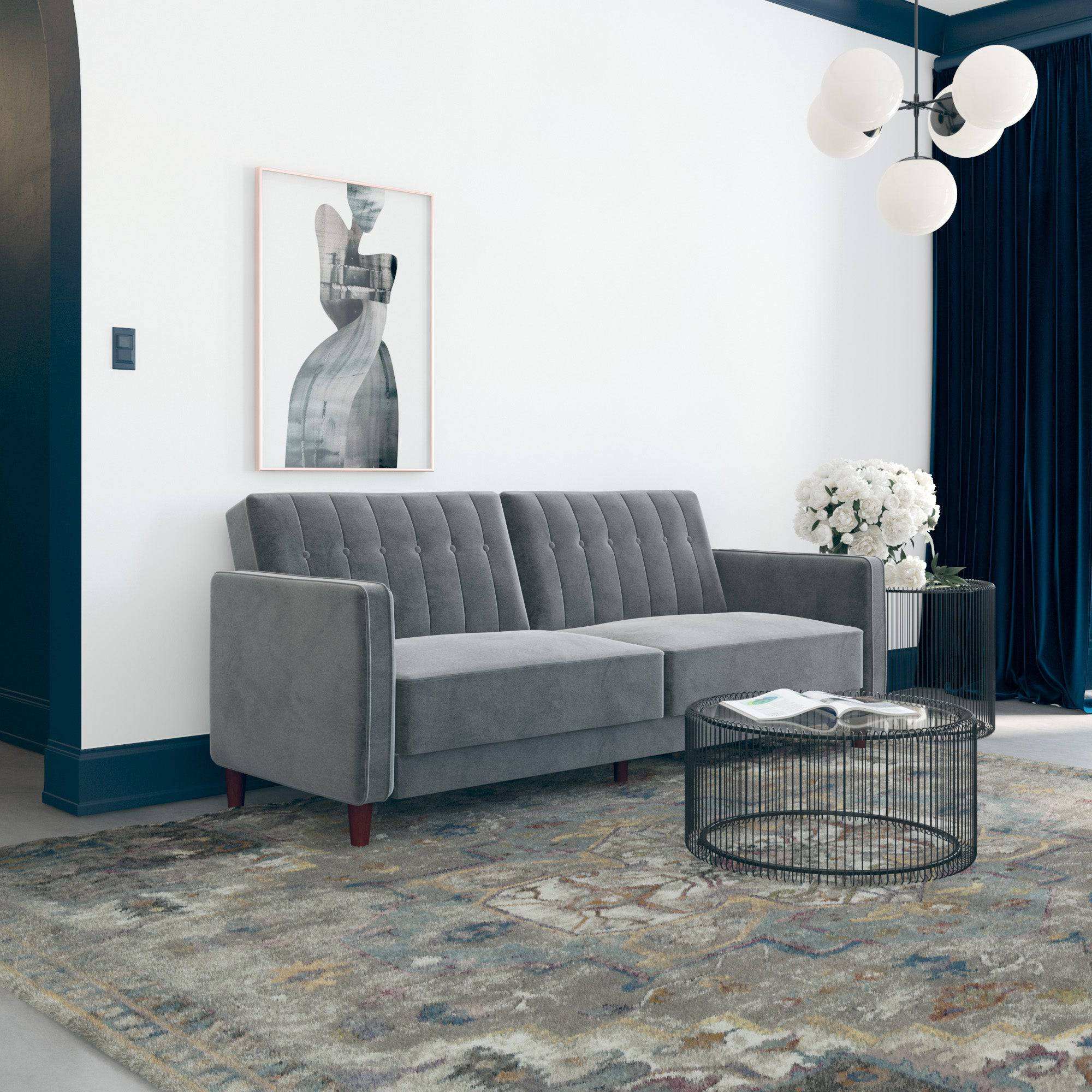 Pin Tufted Transitional Sofa Bed in Grey Velvet - Price Crash Furniture