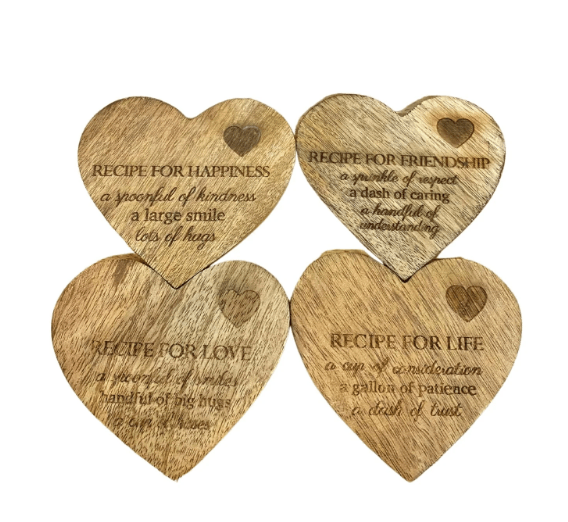 Set of 4 Wooden Heart Shaped Coasters - Price Crash Furniture