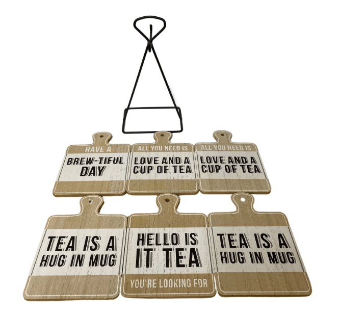 Set of Six Tea Slogan Coasters On Metal Stand - Price Crash Furniture