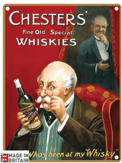 Small Metal Sign 45 x 37.5cm Vintage Retro Chesters' Whiskey - Price Crash Furniture