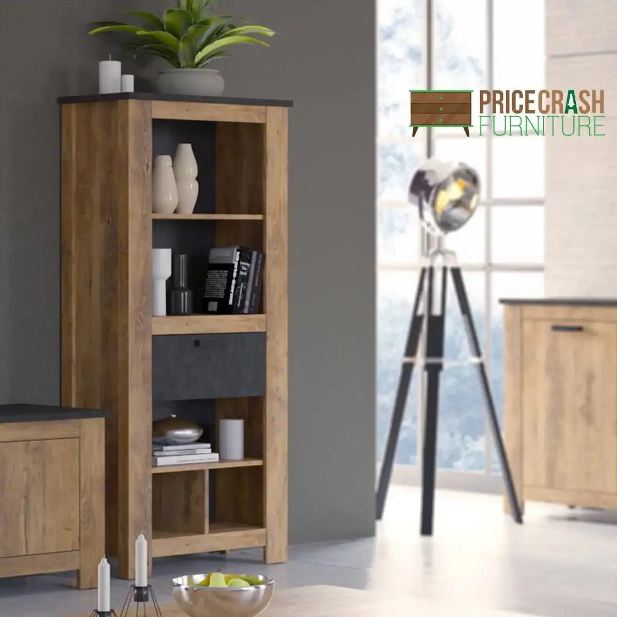 Rapallo 1 drawer bookcase in Chestnut and Matera Grey - Price Crash Furniture