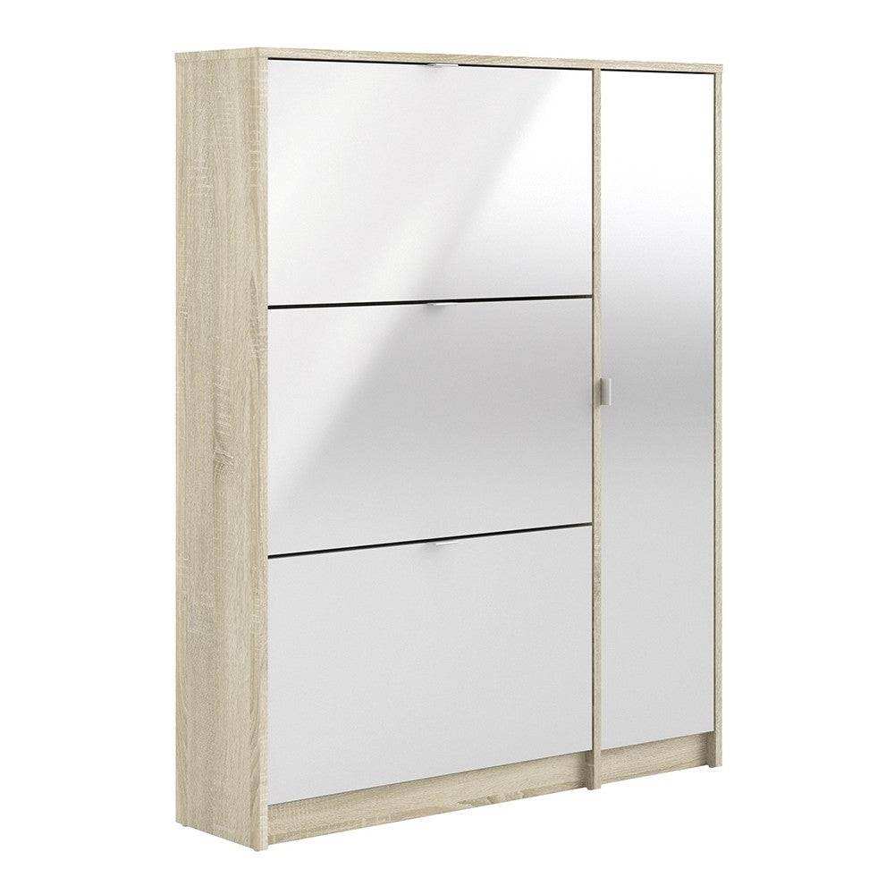 Shoe Cabinet: 4 compartments with 2 layers & 1 mirror door in Oak & Gloss White - Price Crash Furniture