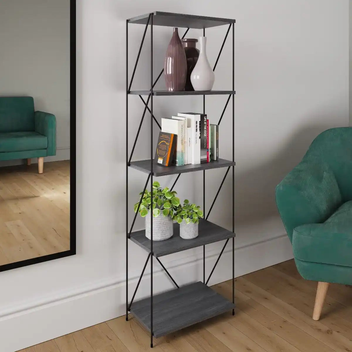 Leyo 5 Shelf Bookcase Display Unit Grey & Black - Price Crash Furniture