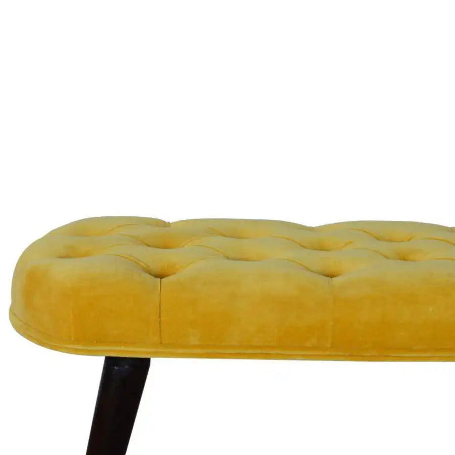 Velvet Deep Button Bench Seat in Mustard Yellow & Walnut - Price Crash Furniture