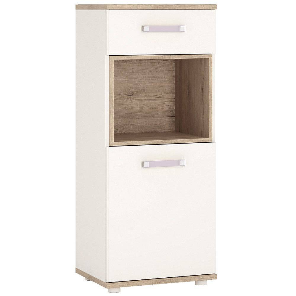 4KIDS 1 Door 1 Drawer Narrow Cabinet In Light Oak And White High Gloss With Lilac Handles - Price Crash Furniture