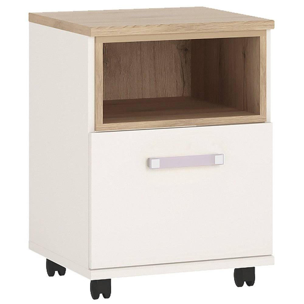 4KIDS 1 Door Mobile Desk In Light Oak And White High Gloss With Lilac Handles - Price Crash Furniture
