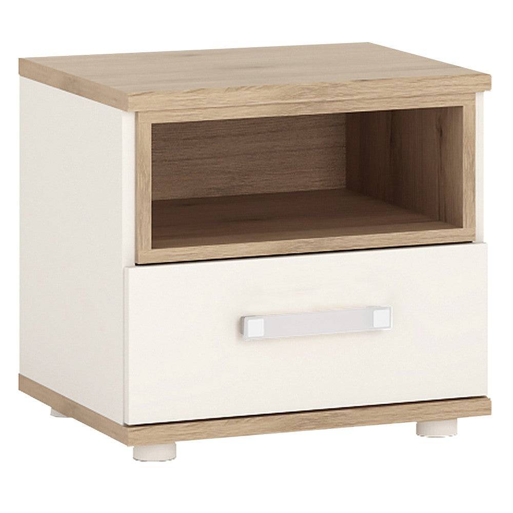 4KIDS 1 Drawer Bedside Cabinet in Light Oak and White High Gloss with Opalino Handles - Price Crash Furniture