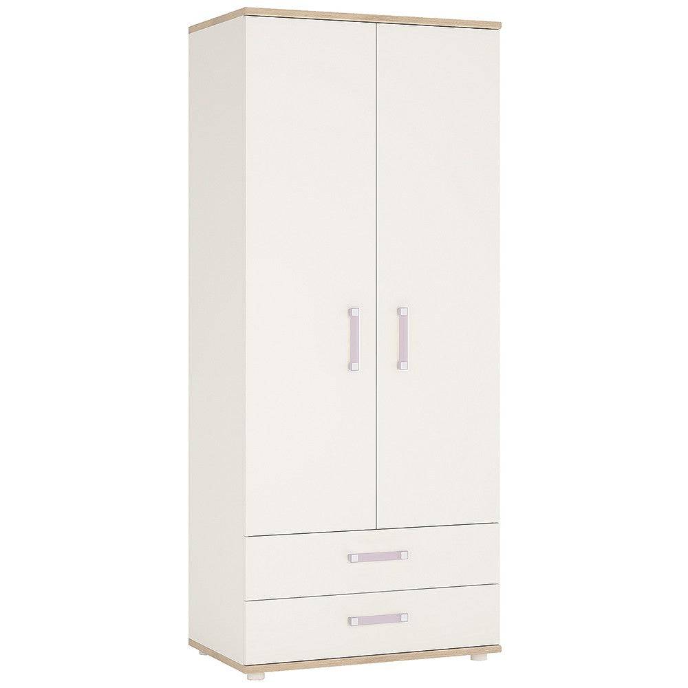 4KIDS 2 Door 2 Drawer Wardrobe In Light Oak And White High Gloss With Lilac Handles - Price Crash Furniture
