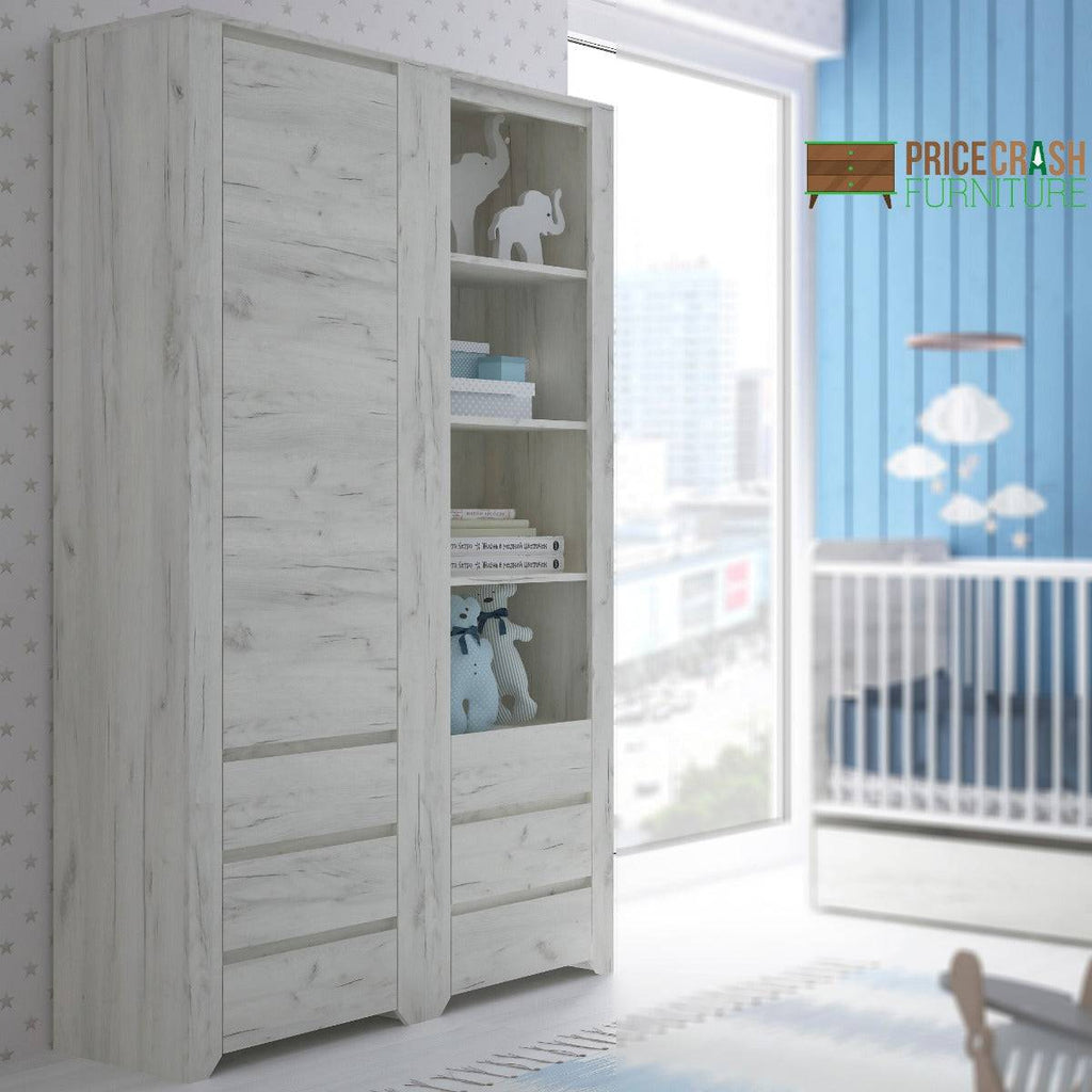 Angel Tall Narrow One Door 3 Drawer Cupboard in White Oak - Price Crash Furniture
