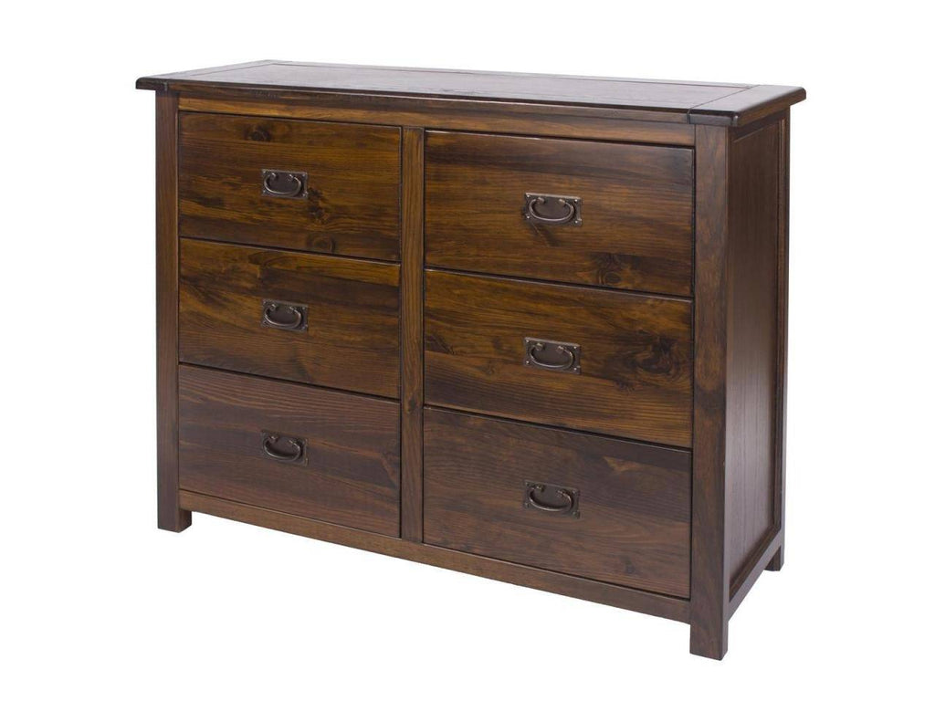 Boston 3+3 6 Drawer Wide Chest Of Drawers In Stained Dark Wood - Price Crash Furniture