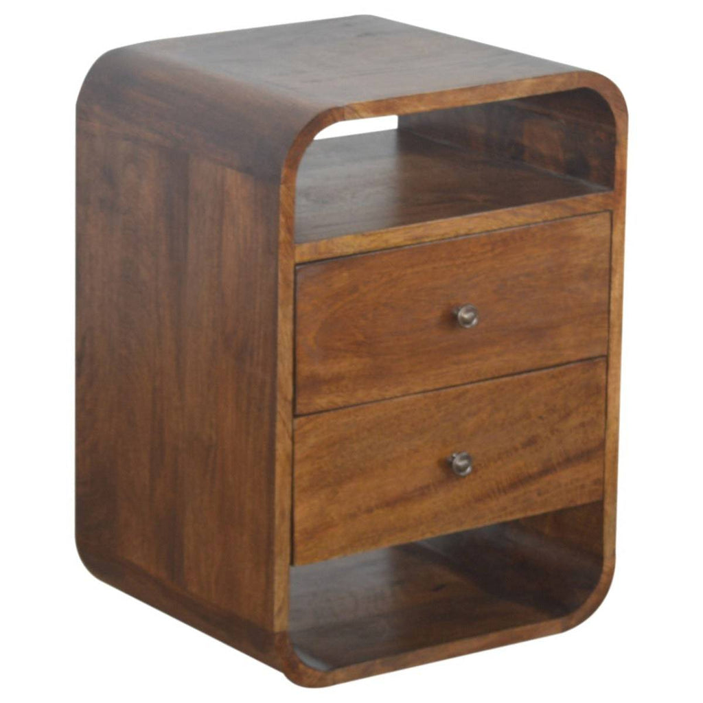 Curved Edge Bedside Table with 2 Drawers in chestnut-effect Solid Mango Wood - Price Crash Furniture