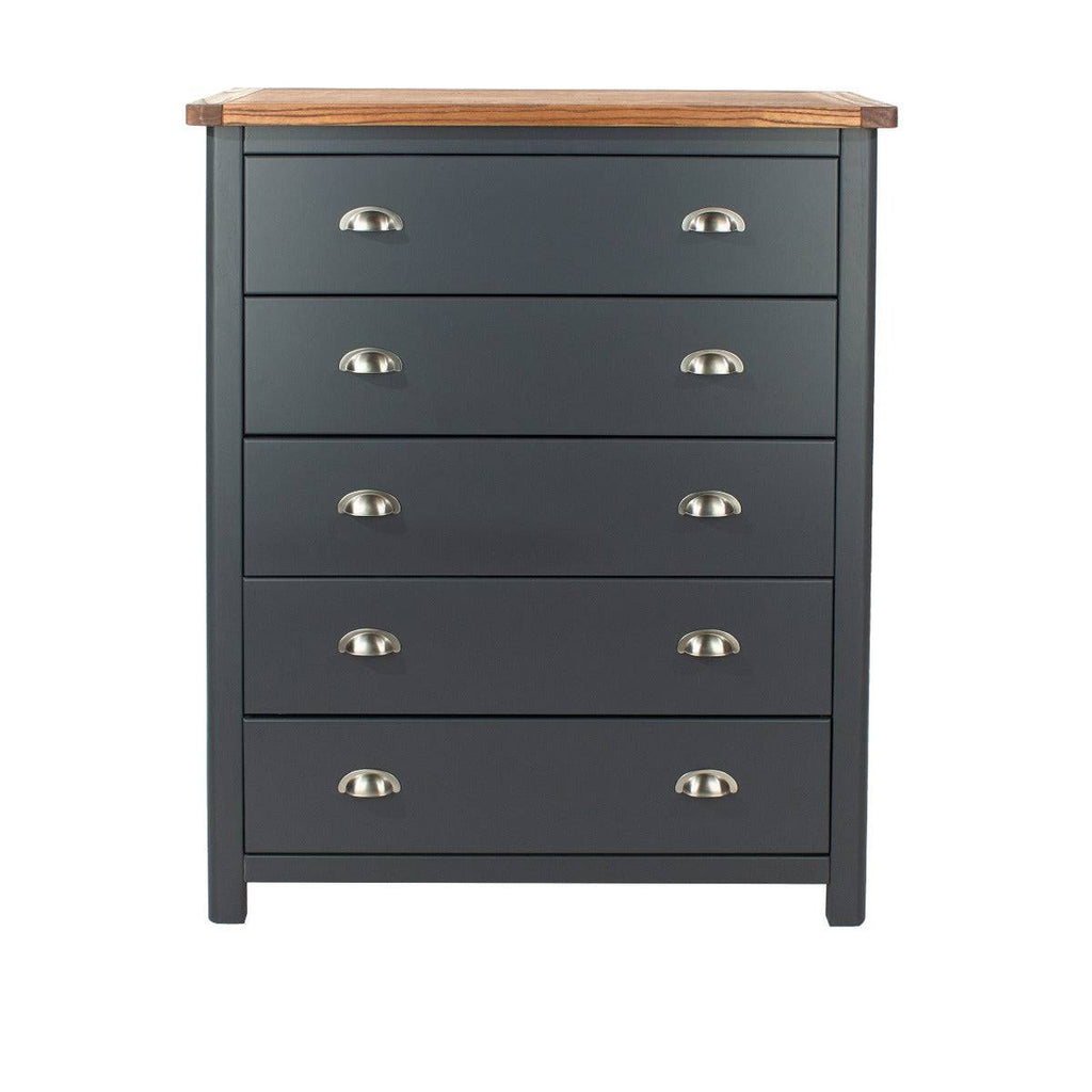 Dunkeld - 5 drawer chest in midnight Blue with natural lacquer wood top - Price Crash Furniture